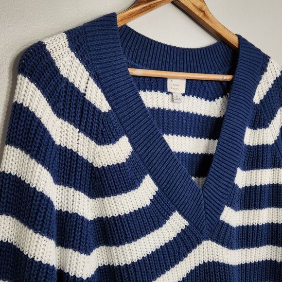 Navy Stripe Sweater VNeck Pullover Cable  Size L oversized - Picture 8 of 12